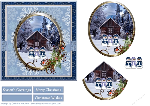 Blue Winter Christmas Scene - Snowmen
