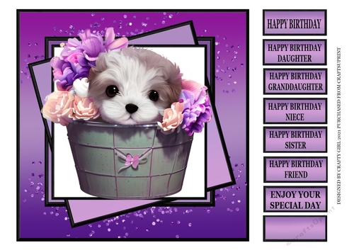 CUTE PUPPY WITH PURPLE FLOWERS