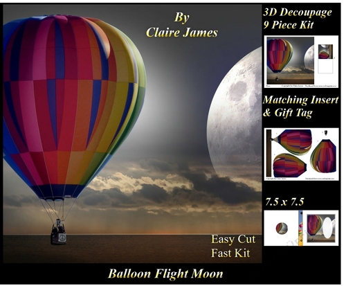 Hot Air Balloons - Balloon Flight Moon - 3D Decoupage + Insert & Tag