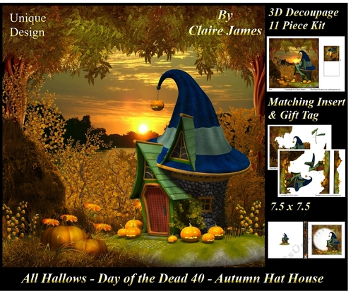 All Hallows Eve - The Day Of The Dead 40 - Autumn Hat House Special 3D Decoupage + Insert & Tag