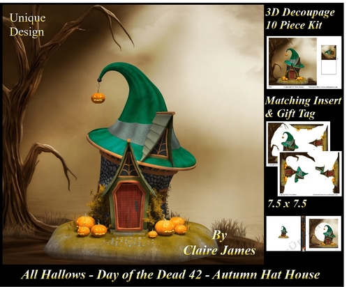 All Hallows Eve - The Day Of The Dead 42 - Autumn Hat House Special 3D Decoupage + Insert & Tag
