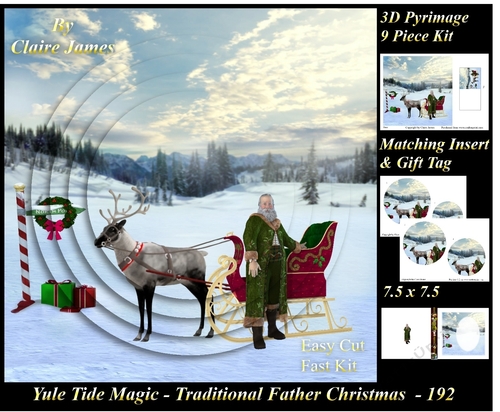 Yule Tide Magic - Traditional Father Christmas  192 -  3D Pyrimage/Pyramid + Insert & Tag