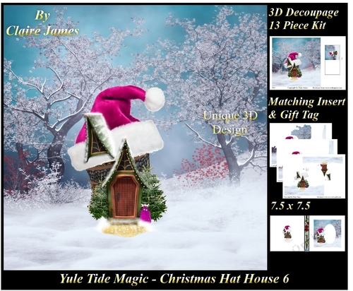 Yule Tide Magic - Christmas Hat House 6 -  3D Decoupage + Insert & Tag