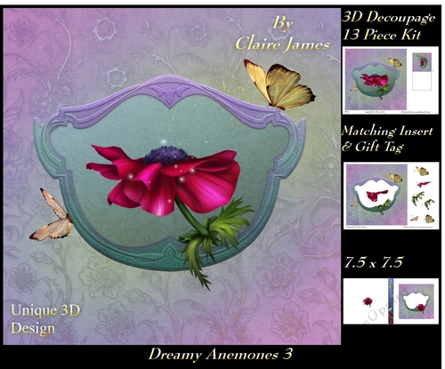 Dreamy Anemones 3 - Special 3D Decoupage + Insert & Tag