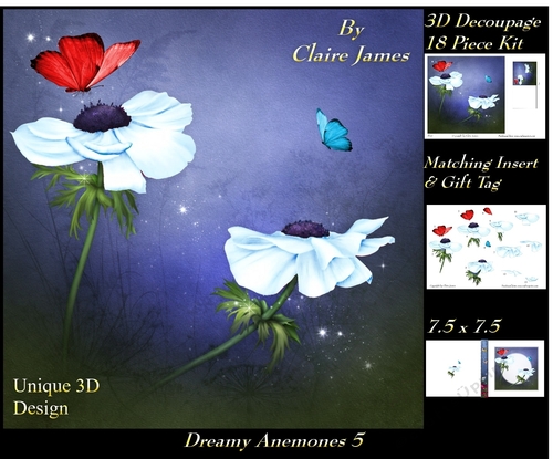 Dreamy Anemones 5 - Special 3D Decoupage + Insert & Tag