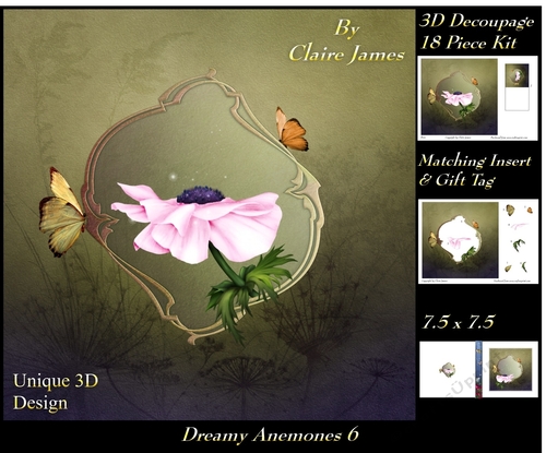 Dreamy Anemones 6 - Special 3D Decoupage + Insert & Tag
