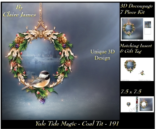 Yule Tide Magic - Christmas Coal Tit 191 - 3D Decoupage + Insert & Tag