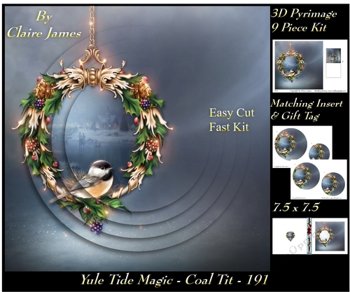 Yule Tide Magic - Christmas Coal Tit 191 - 3D Pyramid/pyrimage + Insert & Gift Tag