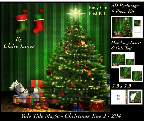 Yule Tide Magic 204 - Christmas Tree 2 - 3D Pyramid/pyrimage + Insert & Gift Tag