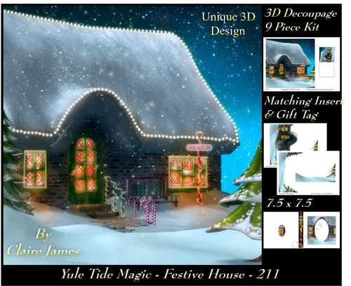 Yule Tide Magic 211 - Festive House - 3D Decoupage + Insert & Tag