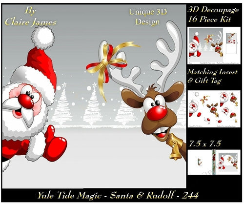 Yule Tide Magic 244 - Santa & Rudolph - 3D Decoupage + Insert & Tag