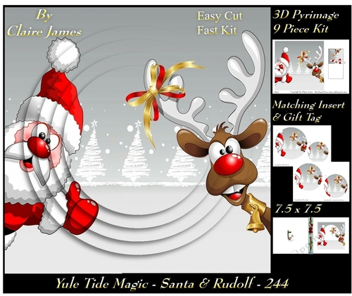 Yule Tide Magic 244 - Santa & Rudolph - 3D Pyramid/pyrimage + Insert & Gift Tag