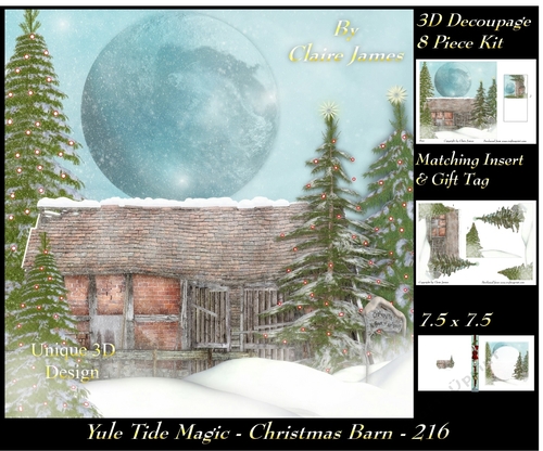 Yule Tide Magic 216 - Christmas Barn - 3D Decoupage + Insert & Tag