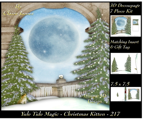 Yule Tide Magic 217 - Christmas Kitten - 3D Decoupage + Insert & Tag