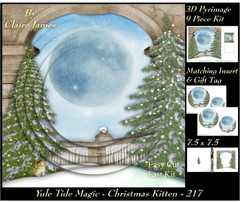 Yule Tide Magic 217 - Christmas Kitten - 3D Pyramid/pyrimage + Insert & Gift Tag