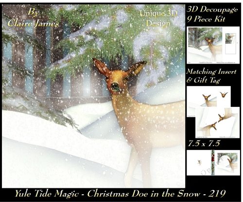 Yule Tide Magic 219 - Christmas Doe The Snow - 3D Decoupage + Insert & Tag