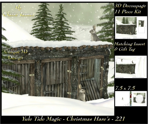 Yule Tide Magic 221 - Christmas Hares - 3D Decoupage + Insert & Tag