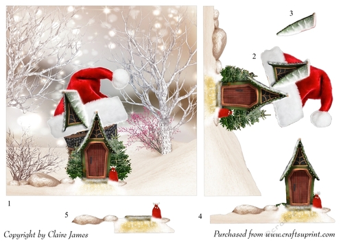 One Sheet Wonders - Christmas Hat House Red - Easy Cut - 3D Decoupage + Insert & Tag