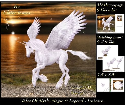 Tales of myth magic - Believe in Unicorns - Pegasus - 3D Decoupage + Insert & Tag