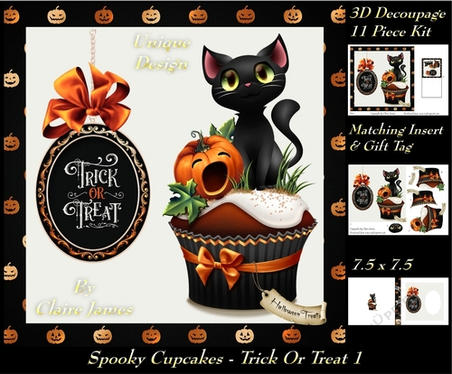 Spooky Cupcakes - Trick or Treat 1 - Special 3D Decoupage + Insert & Tag