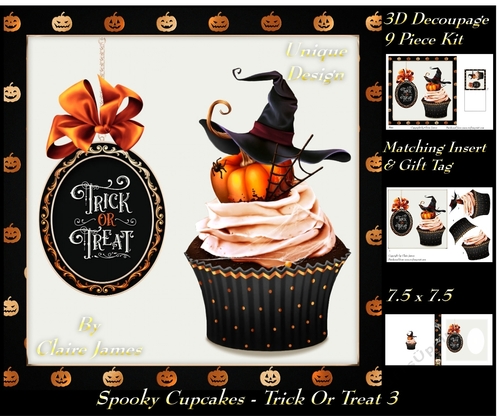 Spooky Cupcakes - Trick or Treat 3 - Special 3D Decoupage + Insert & Tag