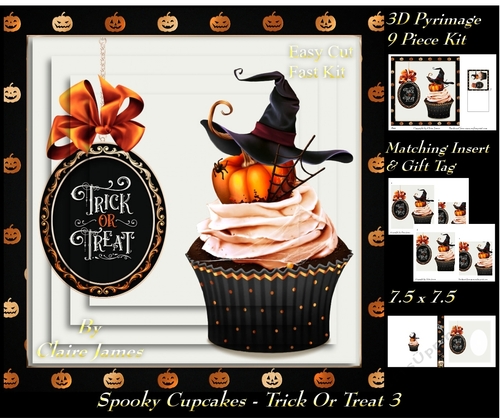 Spooky Cupcakes - Trick or Treat 3 - 3D Pyramid/pyrimage + Insert & Gift Tag
