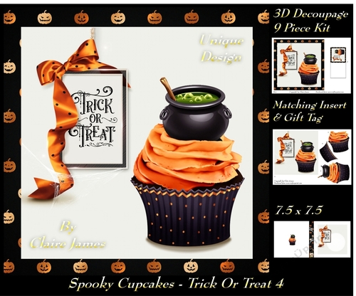 Spooky Cupcakes - Trick or Treat 4 - Special 3D Decoupage + Insert & Tag