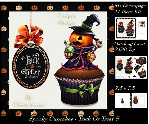 Spooky Cupcakes - Trick or Treat 5 - Special 3D Decoupage + Insert & Tag
