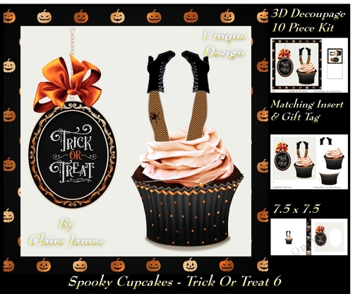 Spooky Cupcakes - Trick or Treat 6 - Special 3D Decoupage + Insert & Tag