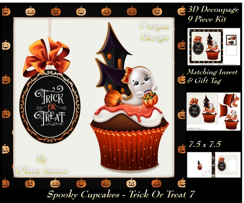 Spooky Cupcakes - Trick or Treat 7 - Special 3D Decoupage + Insert & Tag