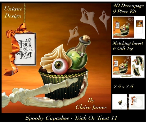 Spooky Cupcakes - Trick or Treat 11 - Special 3D Decoupage + Insert & Tag