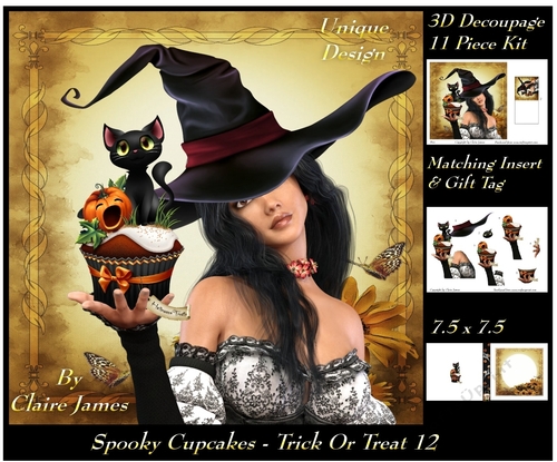Spooky Cupcakes - Trick or Treat 12 - Special 3D Decoupage + Insert & Tag