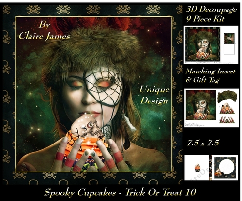 Spooky Cupcakes - Trick or Treat 10 - Special 3D Decoupage + Insert & Tag