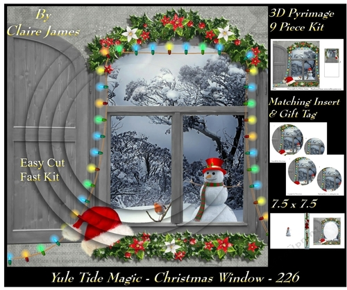 Yule Tide Magic 226 - Christmas Window - 3D Pyramid/pyrimage + Insert & Gift Tag