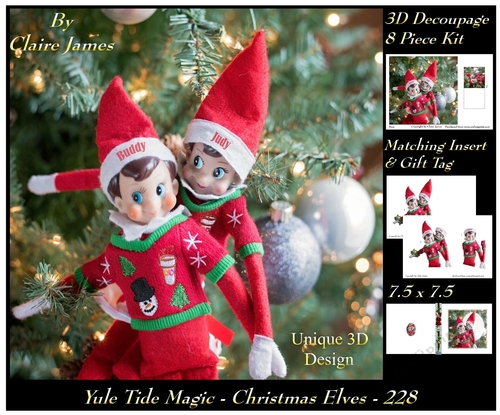 Yule Tide Magic 228 - Christmas Elves - 3D Decoupage + Insert & Tag