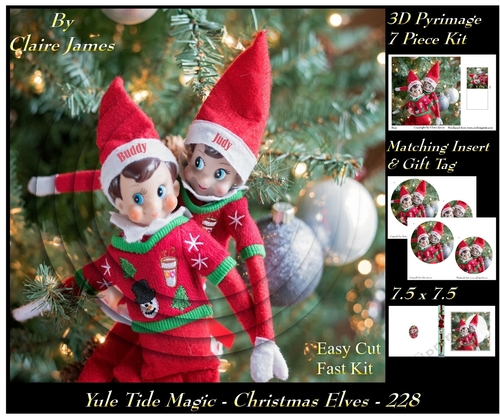 Yule Tide Magic 228 - Christmas Elves - 3D Pyramid/pyrimage + Insert & Gift Tag