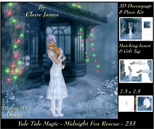 Yule Tide Magic 233 - Midnight Fox Rescue - 3D Decoupage + Insert & Tag