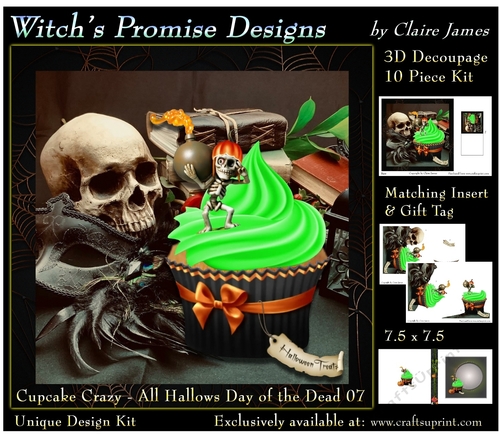 Cupcake Crazy - All Hallows, Day Of The Dead 07 - 3D Decoupage kit + Insert & Gift Tag
