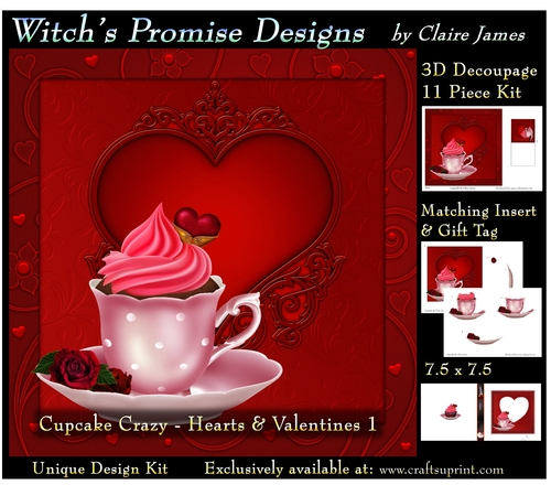 Cupcake Crazy - Valentines 1 - 3D Decoupage kit + Insert & Gift Tag