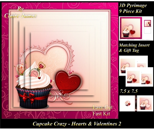 Cupcake Crazy - Valentines 2 - 3D Pyramid kit + Insert & Gift Tag