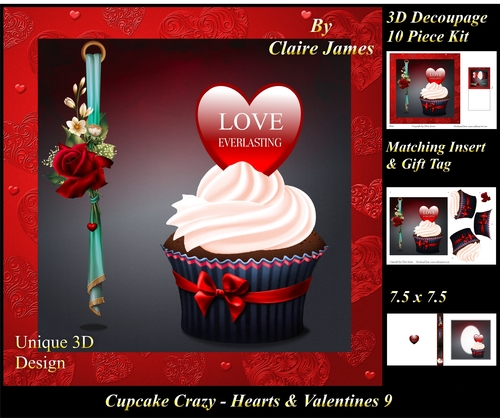 Cupcake Crazy - Valentines 9 - 3D Decoupage kit + Insert & Gift Tag