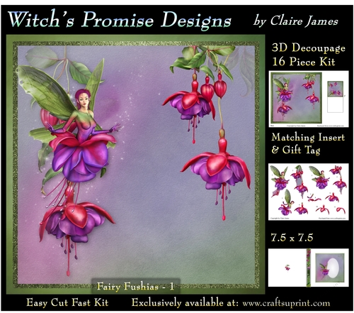 Magical Fuchsia Fairy 1 - 3D Decoupage kit + Insert & Gift Tag