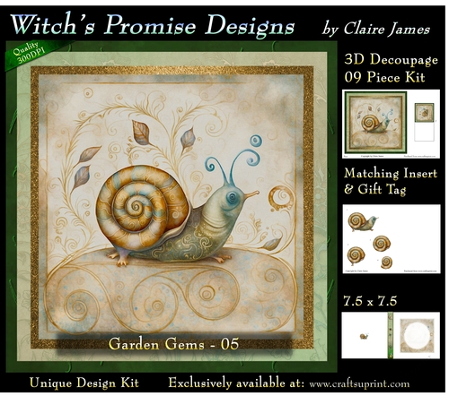 Garden Gems 5 Snail - 3D Decoupage kit + Insert & Gift Tag