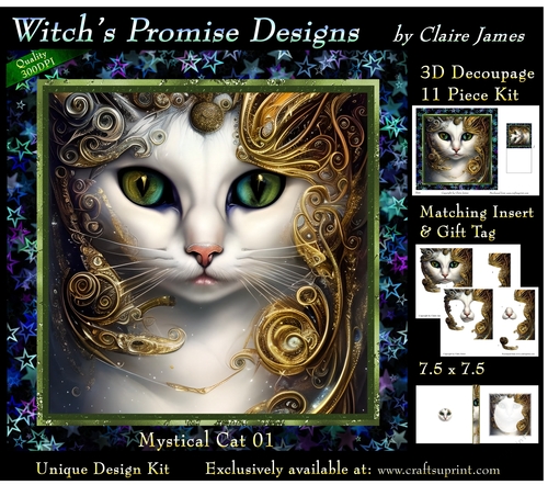 Fantasy Cat 01 (Dark) - 3D Decoupage kit + Insert & Gift Tag