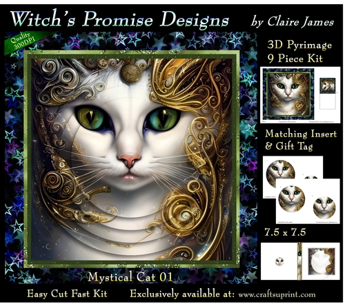 Fantasy Cat 01 (Dark) - 3D Pyramid kit + Insert & Gift Tag