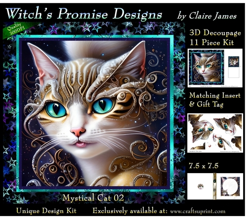 Fantasy Cat 02 (Dark) - 3D Decoupage kit + Insert & Gift Tag
