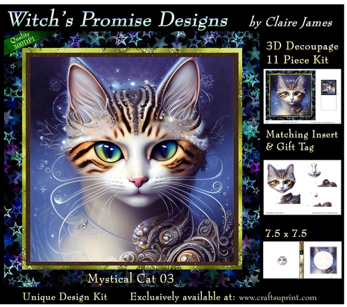 Fantasy Cat 03 (Dark) - 3D Decoupage kit + Insert & Gift Tag