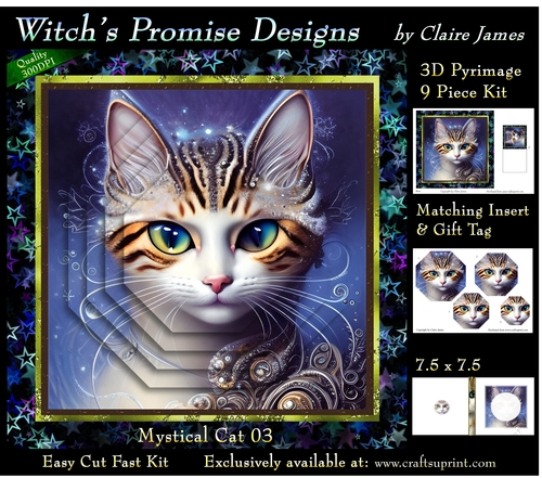 Fantasy Cat 03 (Dark) - 3D Pyramid kit + Insert & Gift Tag