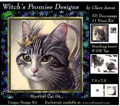 Fantasy Cat 04 (Dark) - 3D Decoupage kit + Insert & Gift Tag