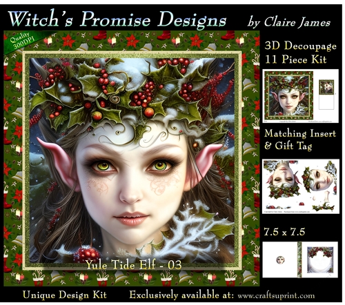 Yule Tide Elf 3 (Dark) - 3D Decoupage kit + Insert & Gift Tag